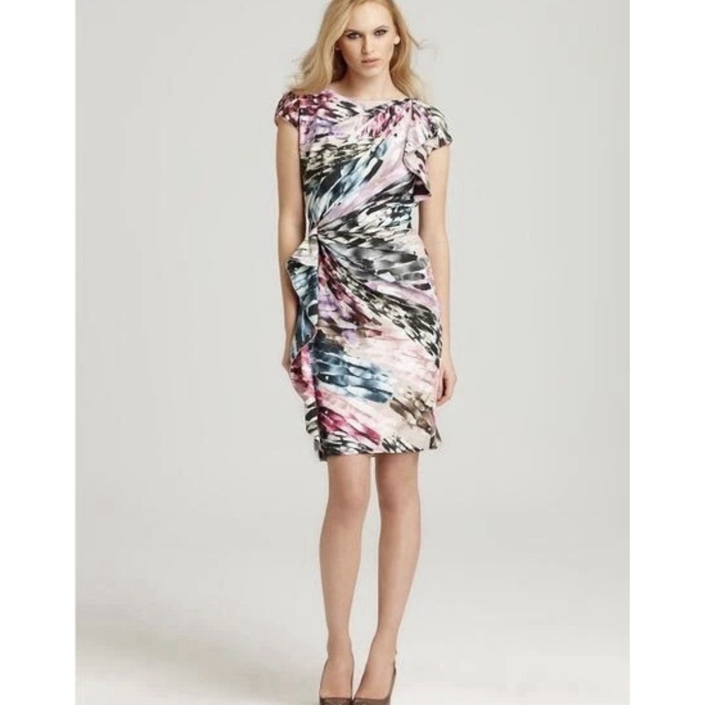 Escada‎ Silk Asymmetrical Artsy Brush Stroke Pink Mini Dress Summer Cocktail - Picture 9 of 9
